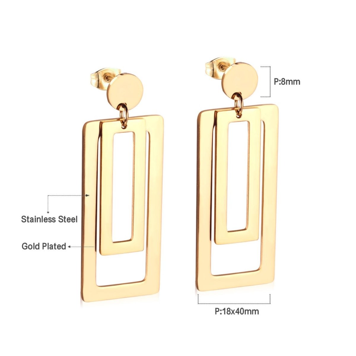 Stainless Steel Double Rectangular Drop Dangle Round Stud Earrings in Gold & Silver | AB537 AB672