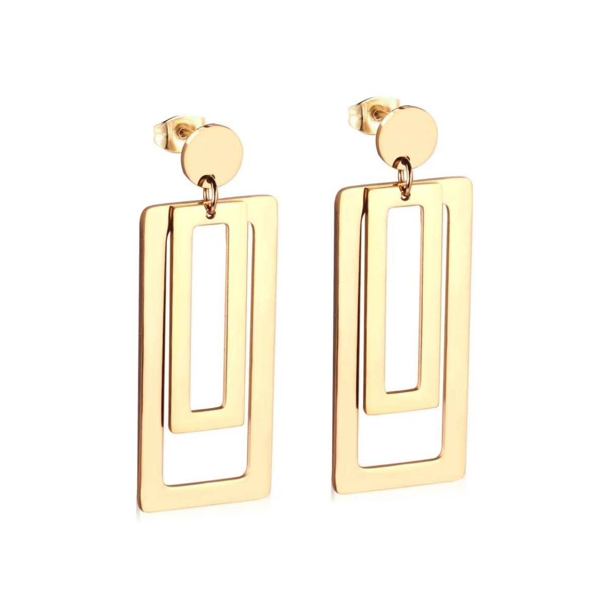 Stainless Steel Double Rectangular Drop Dangle Round Stud Earrings in Gold & Silver | AB537 AB672