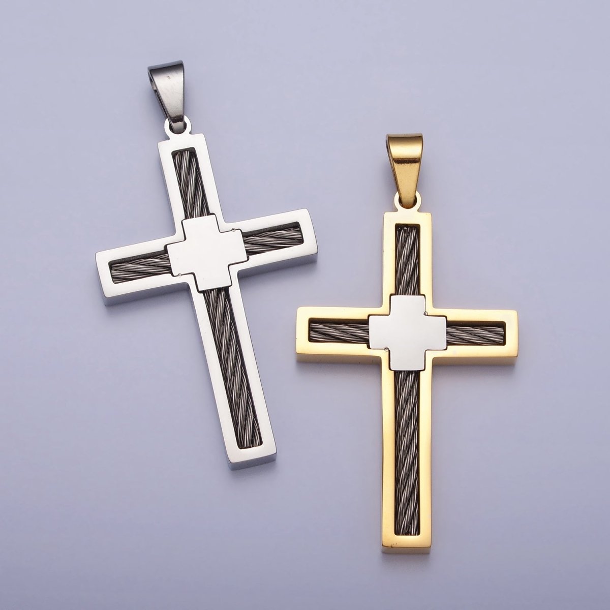 Stainless Steel Double Sided Cross Rope Textured Religious Pendant in Gold & Silver | P-1093 P-1094