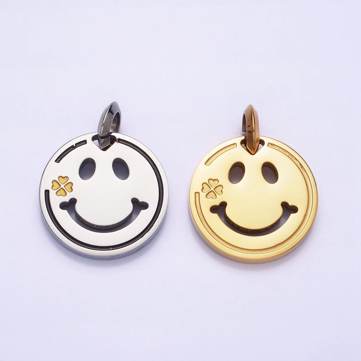 Stainless Steel Double Sided Smiley Face Clover Charm in Gold & Silver | P-1120