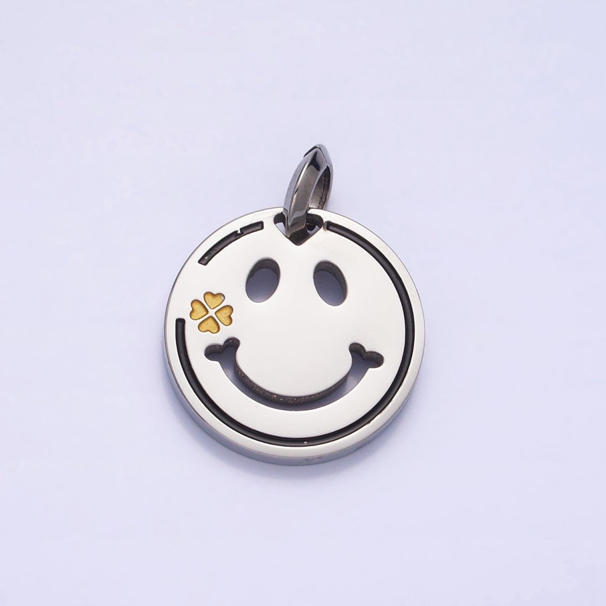 Stainless Steel Double Sided Smiley Face Clover Charm in Gold & Silver | P-1120