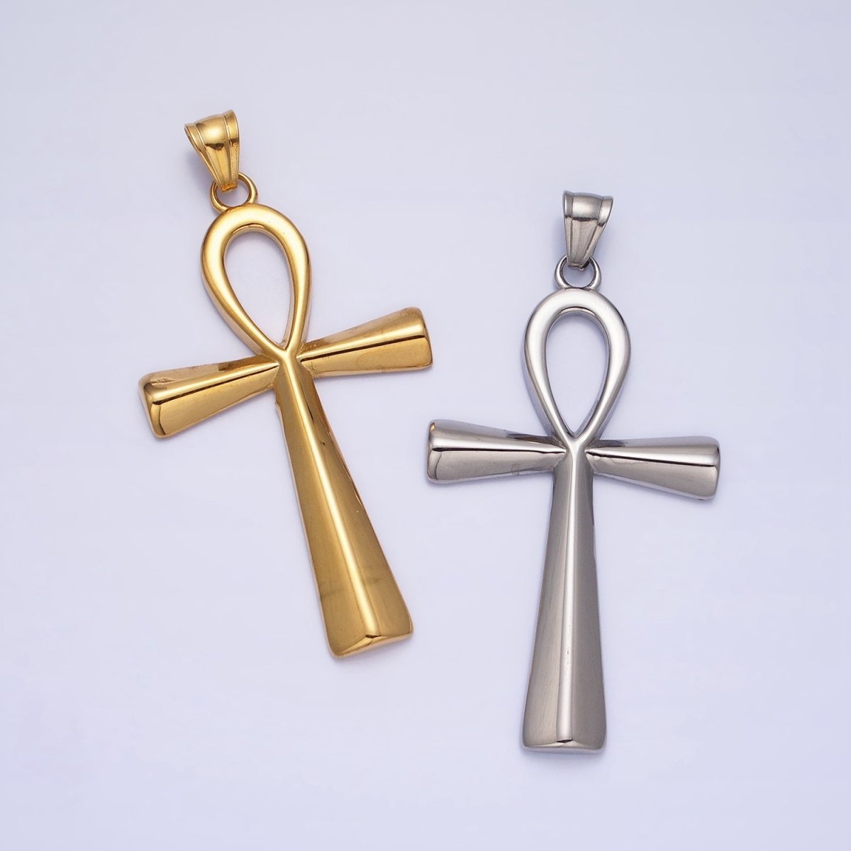 Stainless Steel Edged Egyptian Ankh Cross Statement Pendant in Gold & Silver | P-1085 P-1086