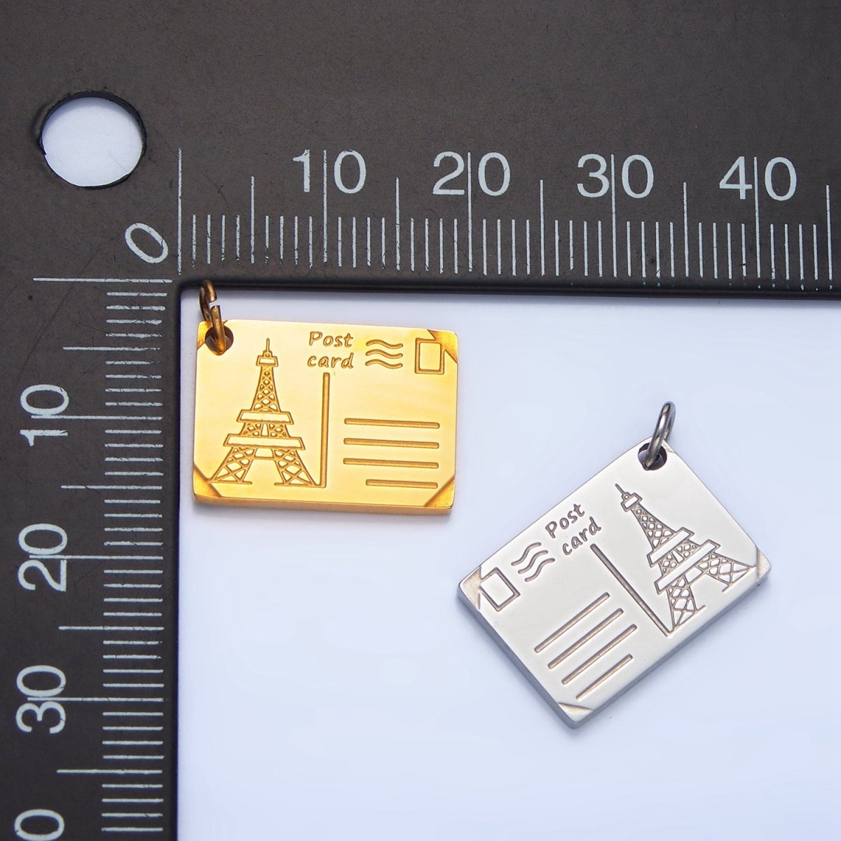 Stainless Steel Eiffel Tower Paris Engraved Post Card Charm in Gold & Silver | P1229
