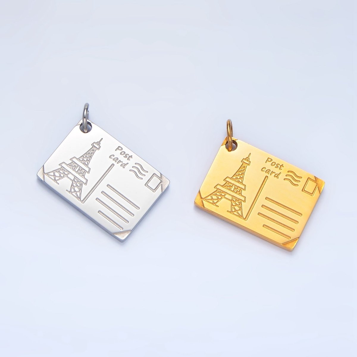 Stainless Steel Eiffel Tower Paris Engraved Post Card Charm in Gold & Silver | P1229