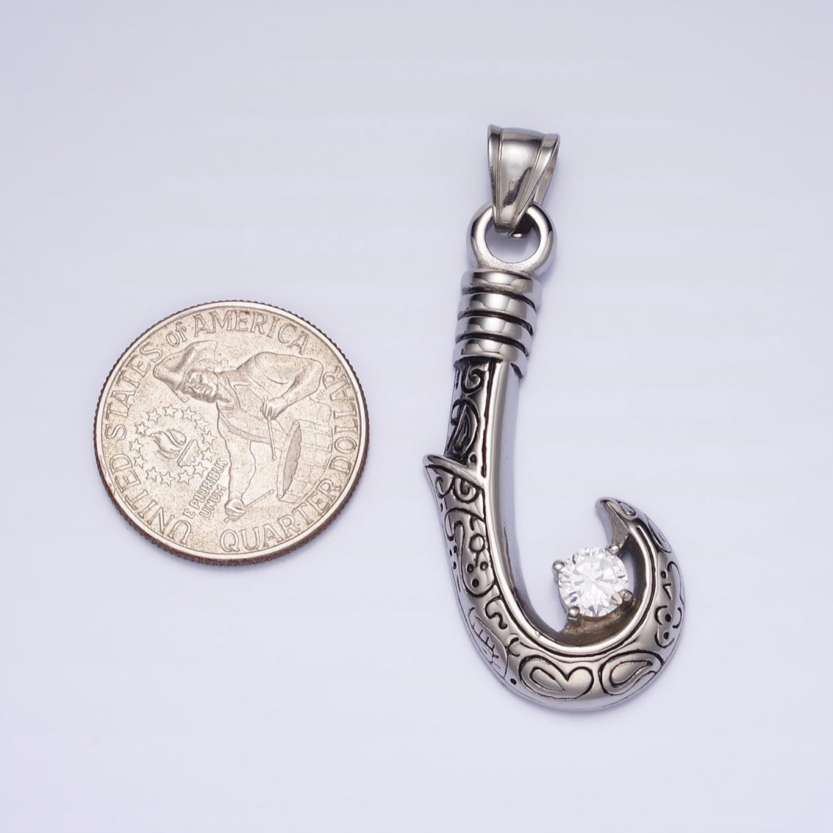 Stainless Steel Engraved J-Hook Round Clear CZ Pendant in Gold & Silver | P1104