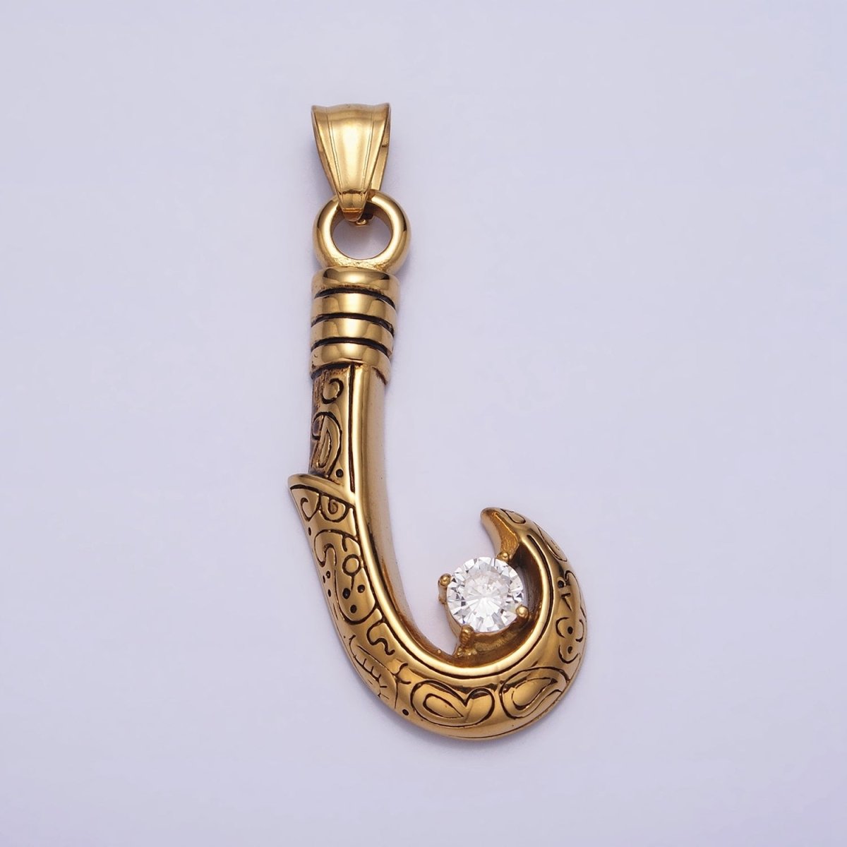 Stainless Steel Engraved J-Hook Round Clear CZ Pendant in Gold & Silver | P1104