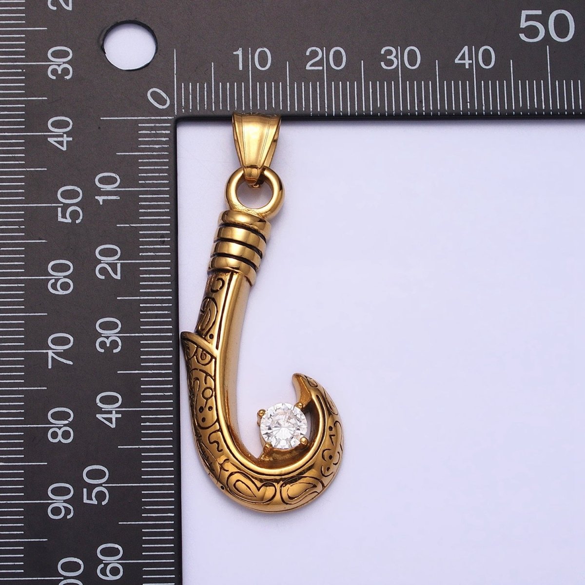 Stainless Steel Engraved J-Hook Round Clear CZ Pendant in Gold & Silver | P1104