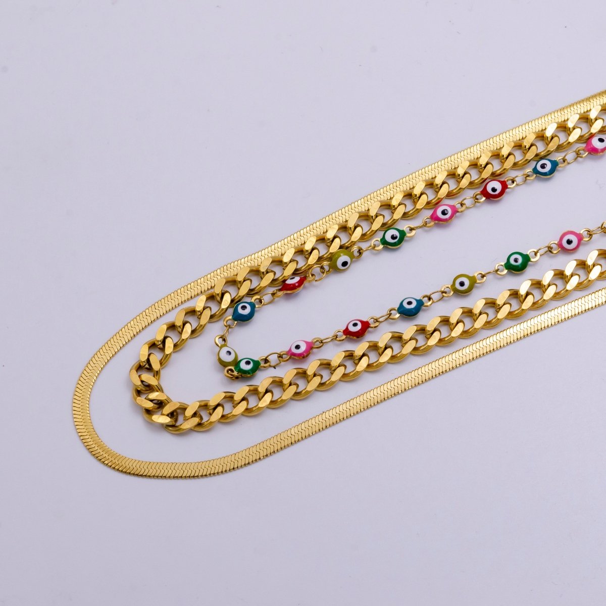 Stainless Steel Evil Eye Curb Herringbone Chain Triple Layer Necklace | WA-2343 Clearance Pricing - DLUXCA
