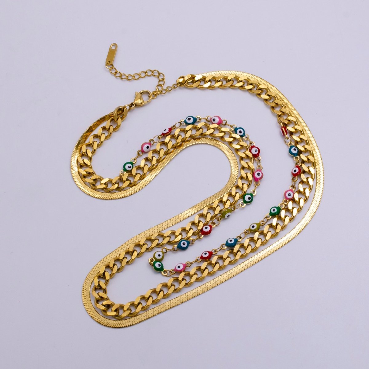 Stainless Steel Evil Eye Curb Herringbone Chain Triple Layer Necklace | WA-2343 Clearance Pricing - DLUXCA