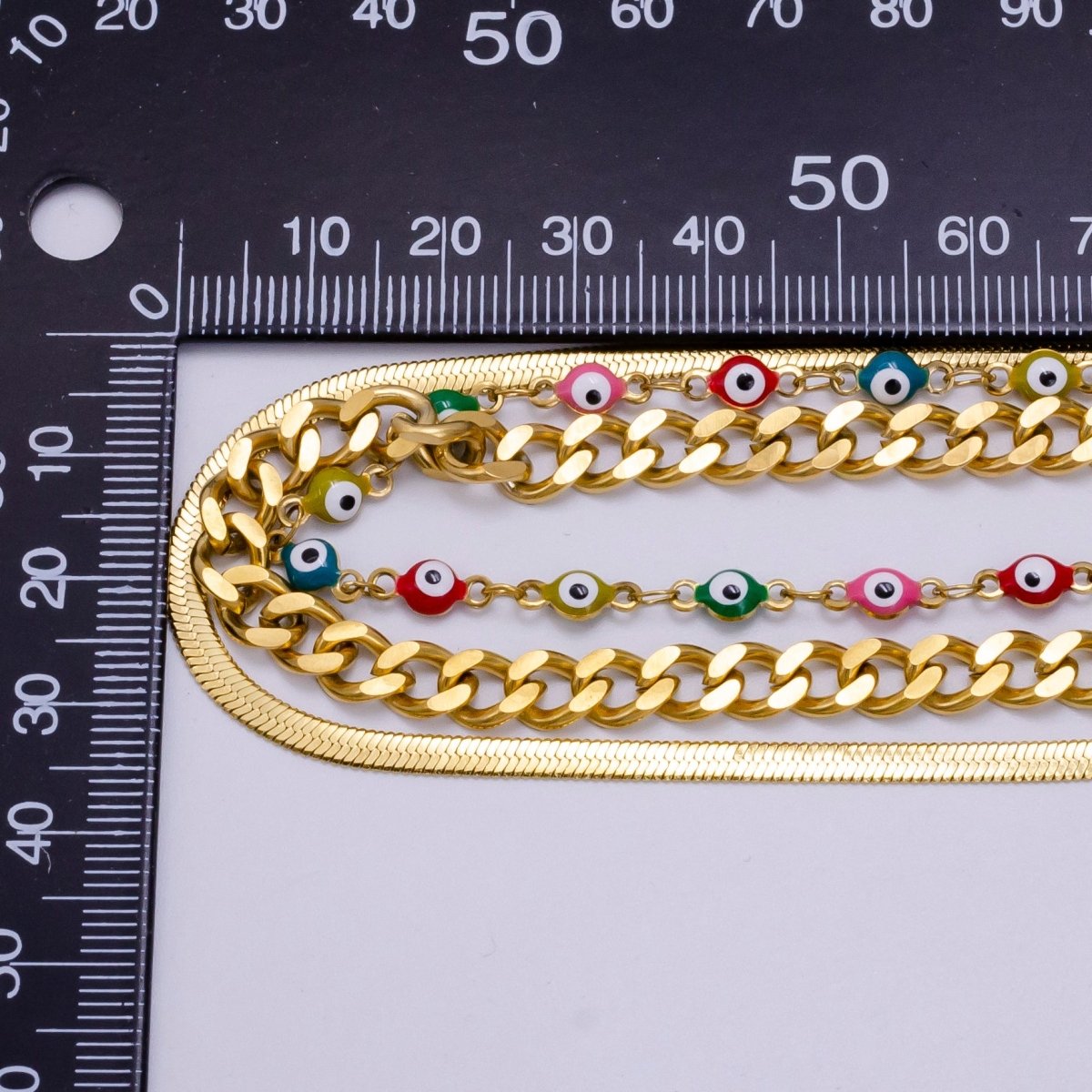 Stainless Steel Evil Eye Curb Herringbone Chain Triple Layer Necklace | WA-2343 Clearance Pricing - DLUXCA