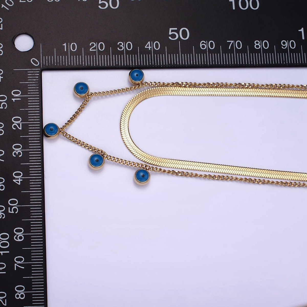 Stainless Steel Evil Eye Drop Curb Herringbone Chain Double Layering Necklace | WA - 2545 - DLUXCA