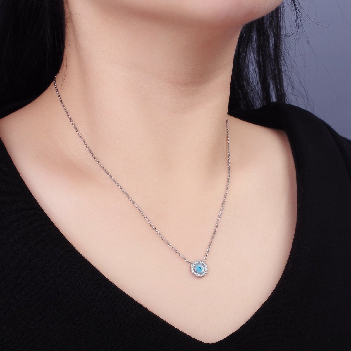 Stainless Steel Evil Eye Micro Paved 16 Inch Cable Choker Necklace in Gold & Silver | WA-2374 WA-2375