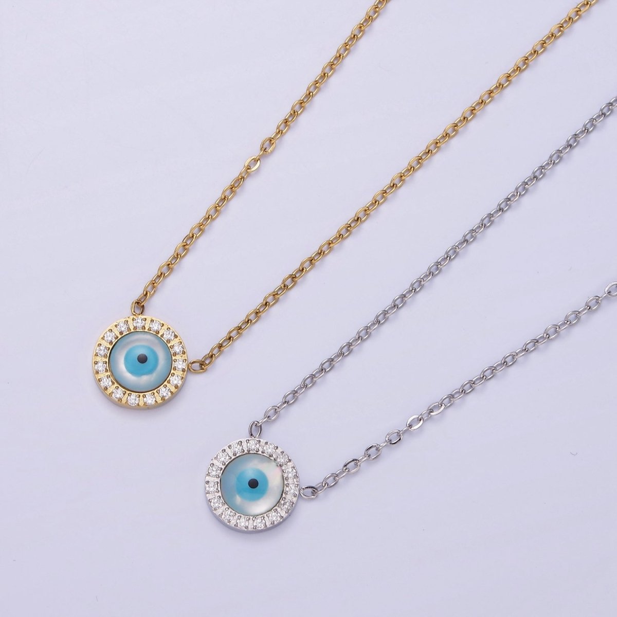 Stainless Steel Evil Eye Micro Paved 16 Inch Cable Choker Necklace in Gold & Silver | WA-2374 WA-2375