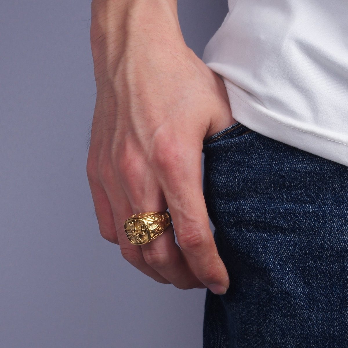 Stainless Steel Fleury Tied Line Artisan Gold Signet Ring | O1245 - O1247