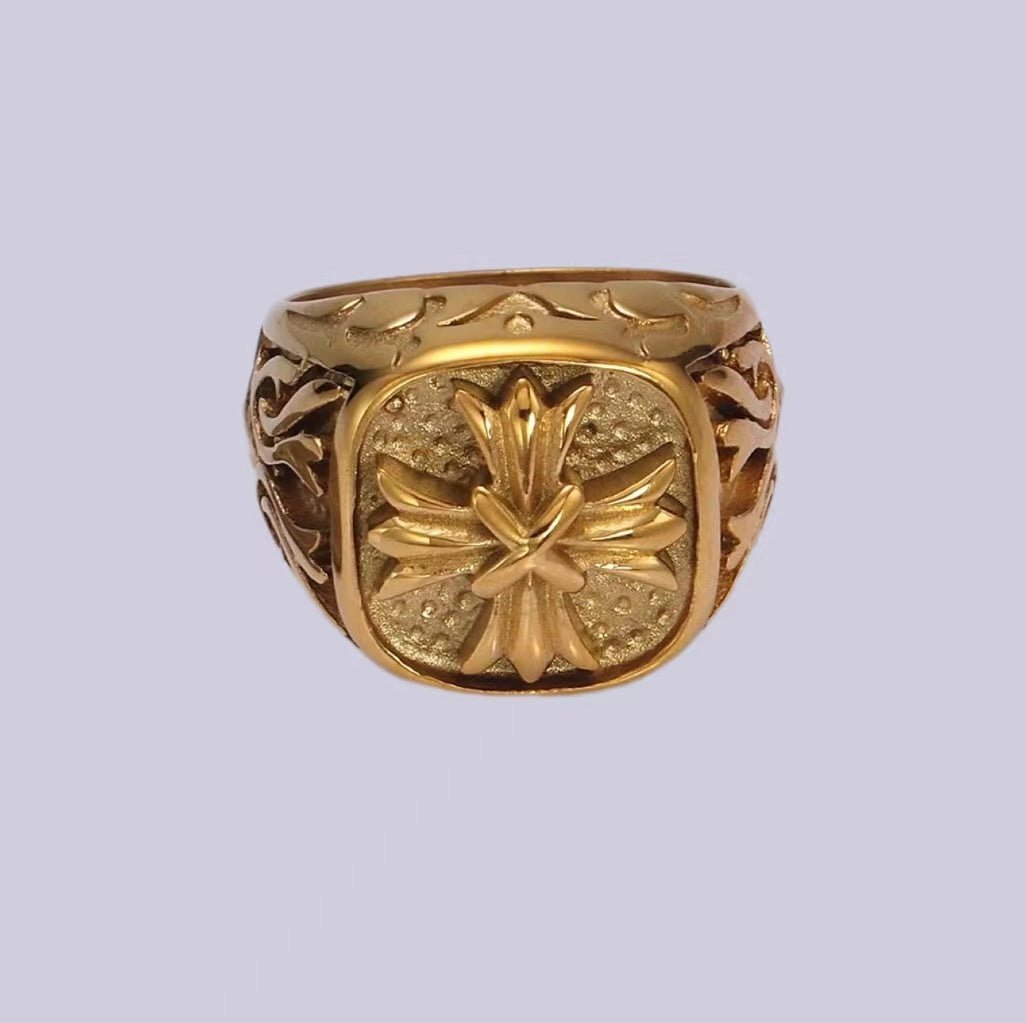 Stainless Steel Fleury Tied Line Artisan Gold Signet Ring | O1245 - O1247