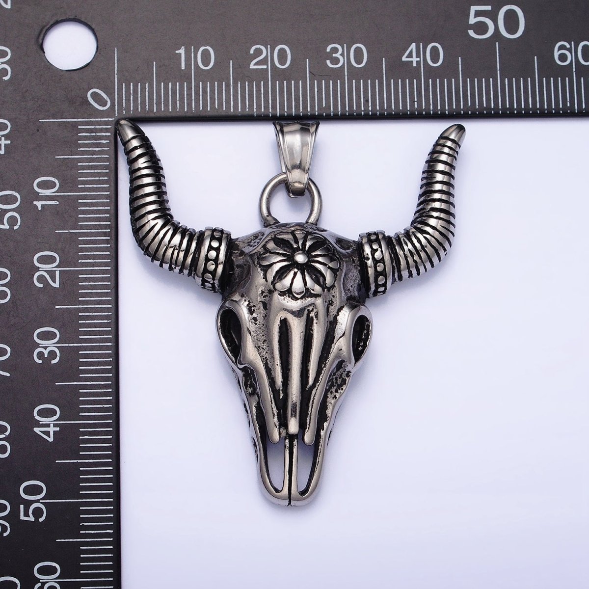 Stainless Steel Flower Line Textured Long-Horned Bull Animal Gold, Silver Pendant | P-1135