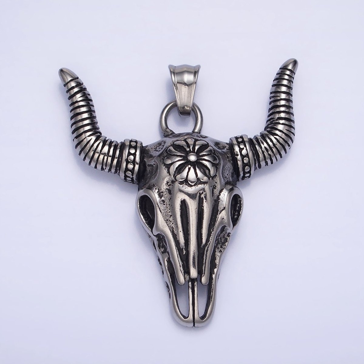 Stainless Steel Flower Line Textured Long-Horned Bull Animal Gold, Silver Pendant | P-1135