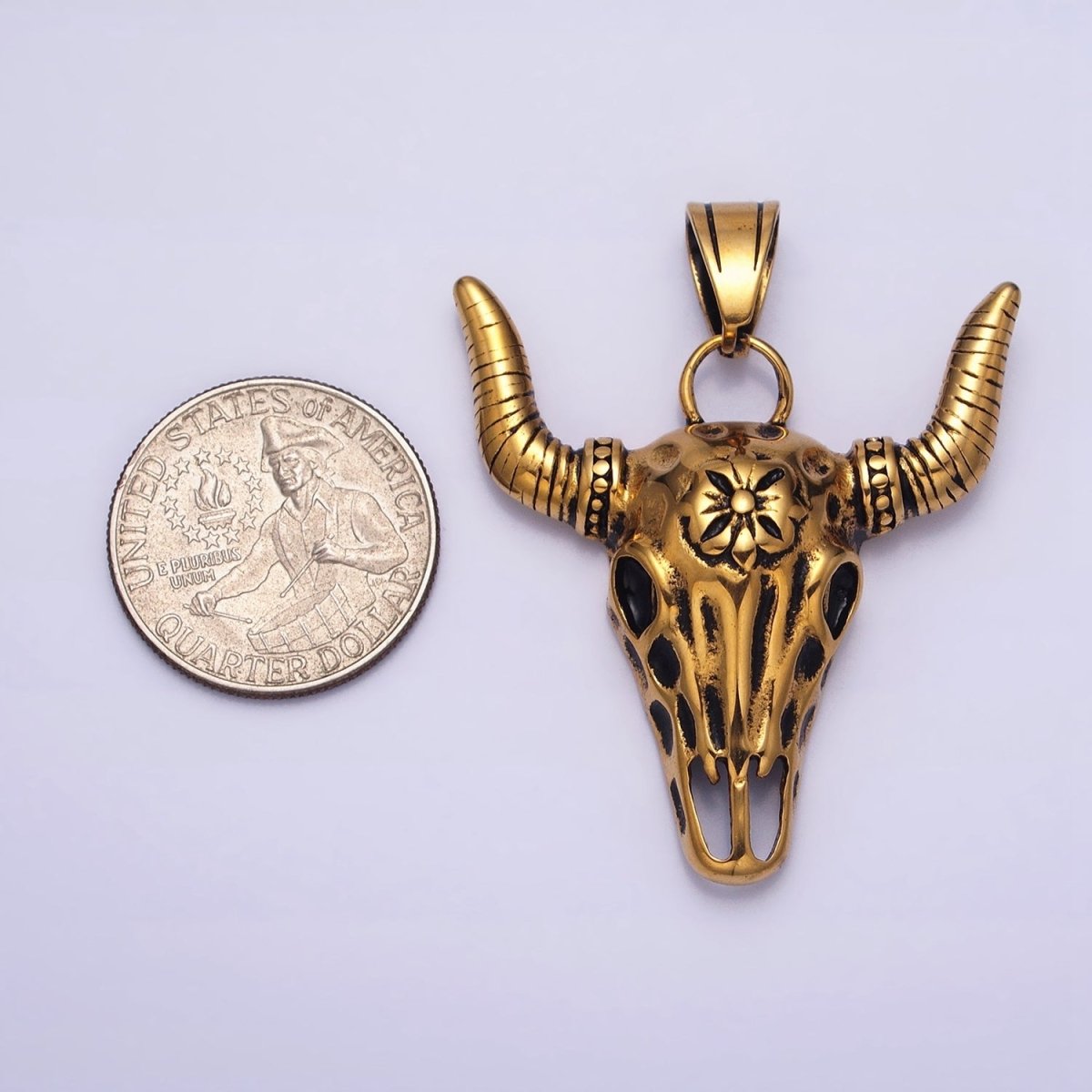 Stainless Steel Flower Line Textured Long-Horned Bull Animal Gold, Silver Pendant | P-1135