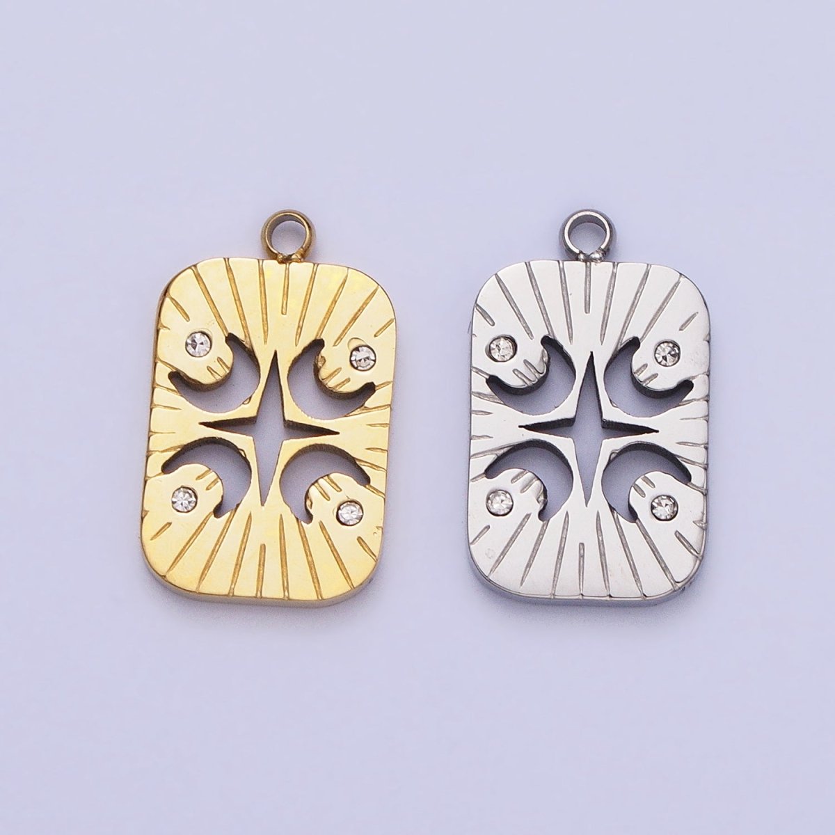 Stainless Steel Four Crescent Moon Star Celestial Lined Charm in Gold & Silver | P-887