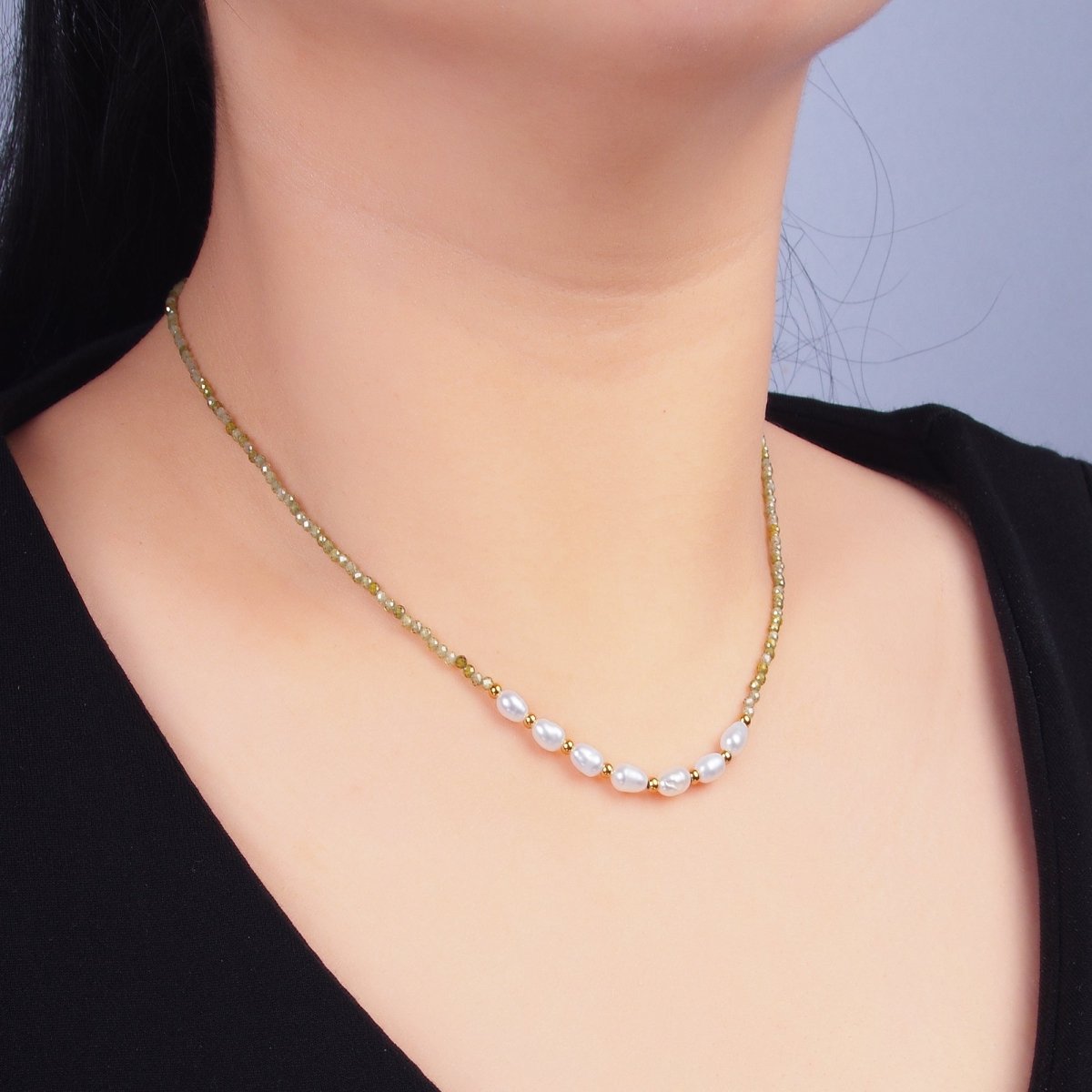 Stainless Steel Freshwater Pearl Green Multifaceted Crystal Gemstone 15 Inch Choker Necklace | WA - 3106 - DLUXCA