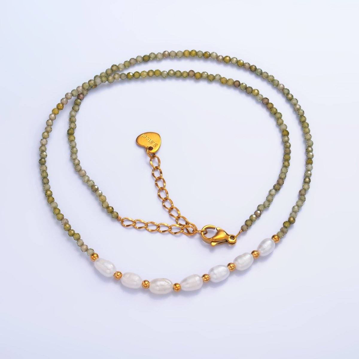 Stainless Steel Freshwater Pearl Green Multifaceted Crystal Gemstone 15 Inch Choker Necklace | WA - 3106 - DLUXCA