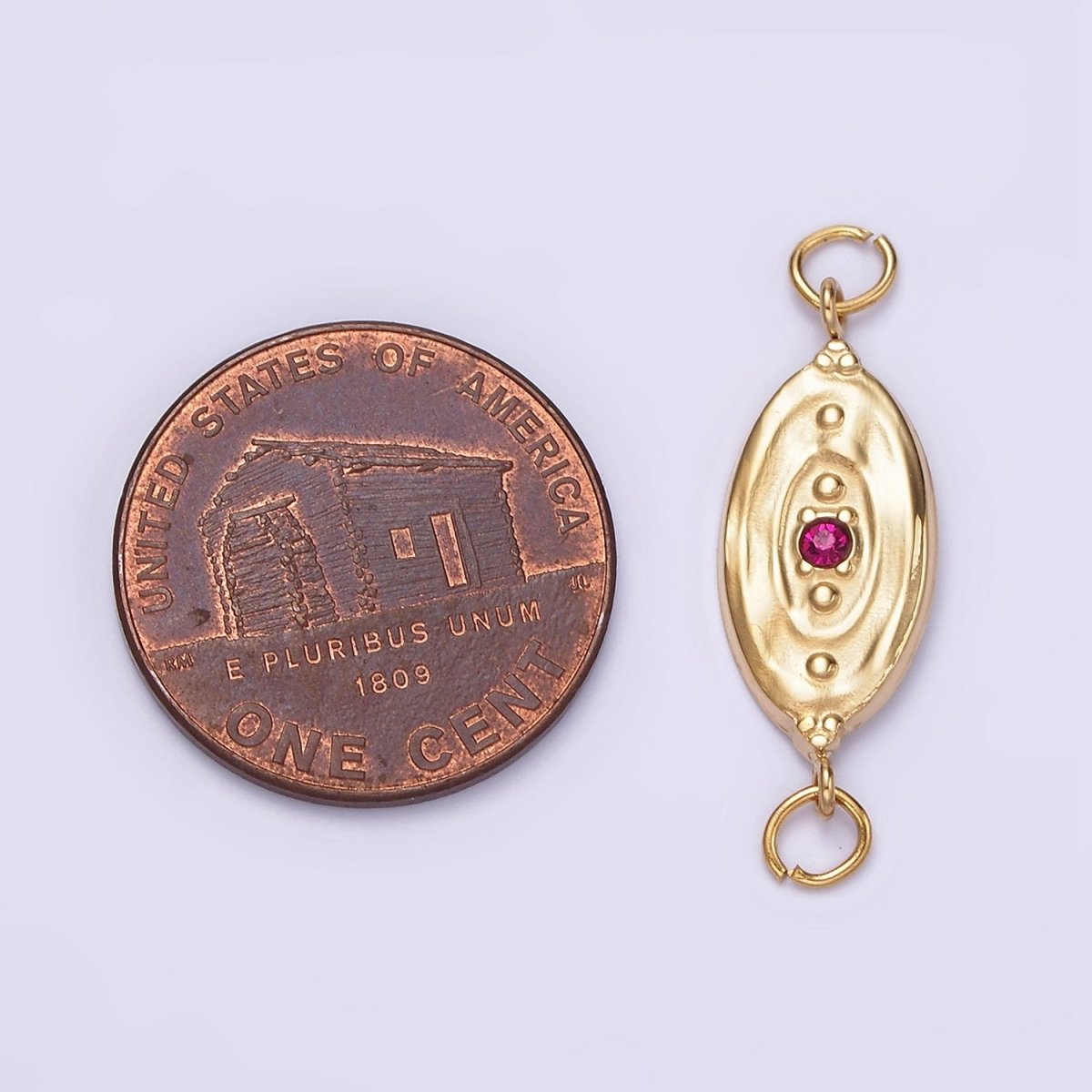 Stainless Steel Fuchsia CZ Dotted Oval Molten Textured Connector G-715 - DLUXCA