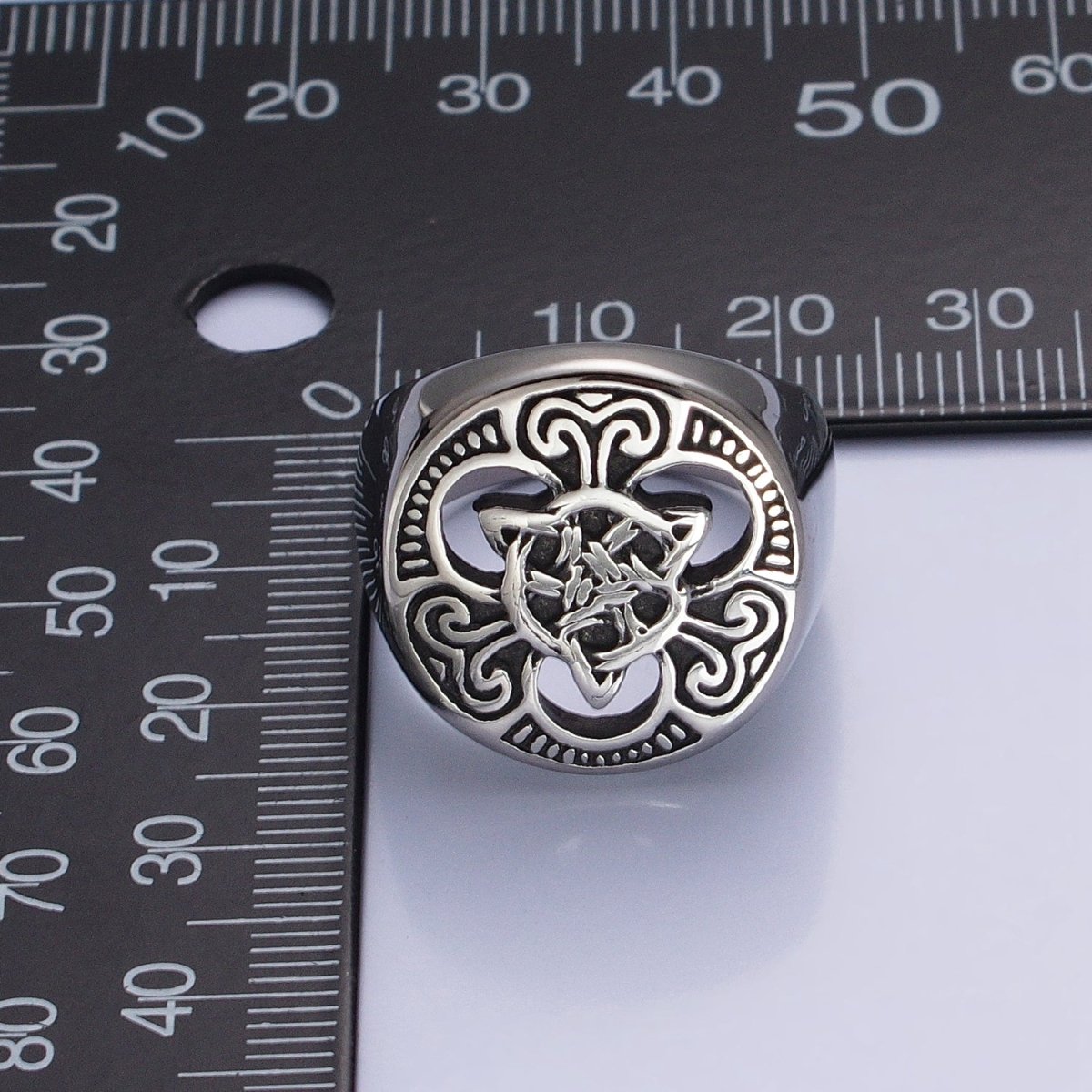 Stainless Steel Geometric Celtic Knot Cross Round Signet Silver Ring | O-1841~O-1844