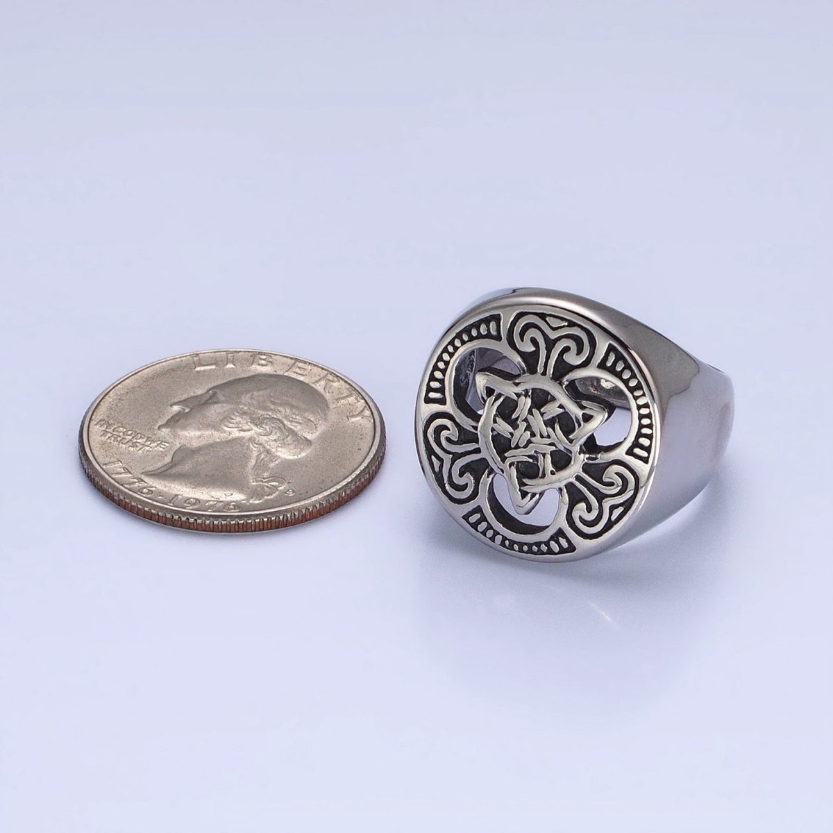 Stainless Steel Geometric Celtic Knot Cross Round Signet Silver Ring | O-1841~O-1844