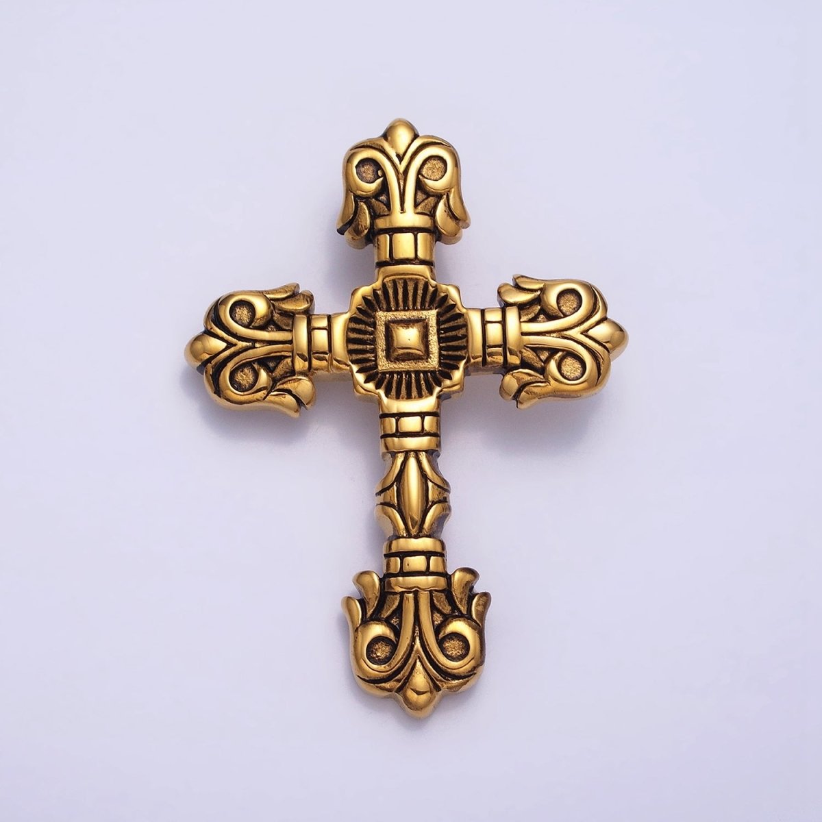 Stainless Steel Geometric Engraved Religious Cross Pendant in Silver & Gold | P1130