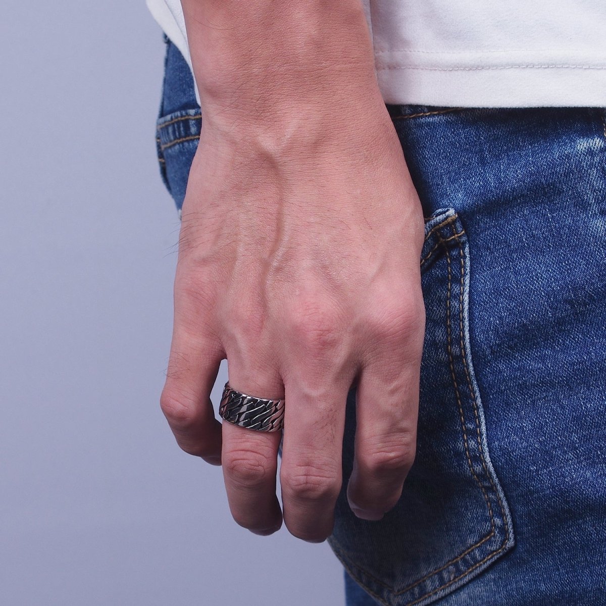 Stainless Steel Geometric S Curb Wide Band Ring in Silver & Gold | O-111~O-114, O-136~O-139