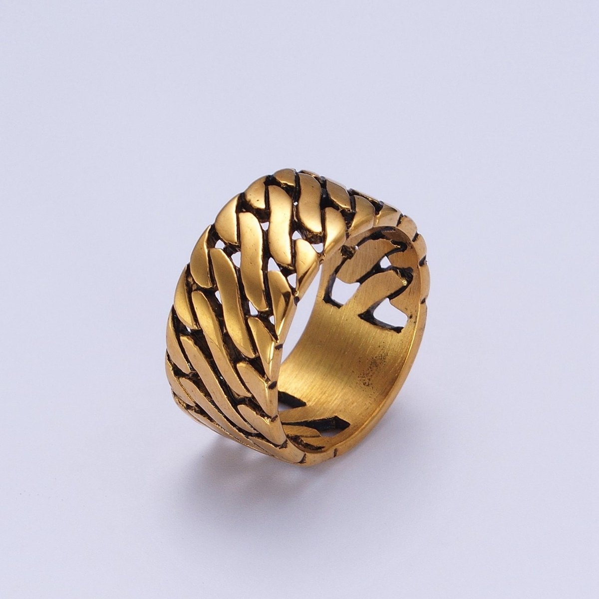 Stainless Steel Geometric S Curb Wide Band Ring in Silver & Gold | O-111~O-114, O-136~O-139