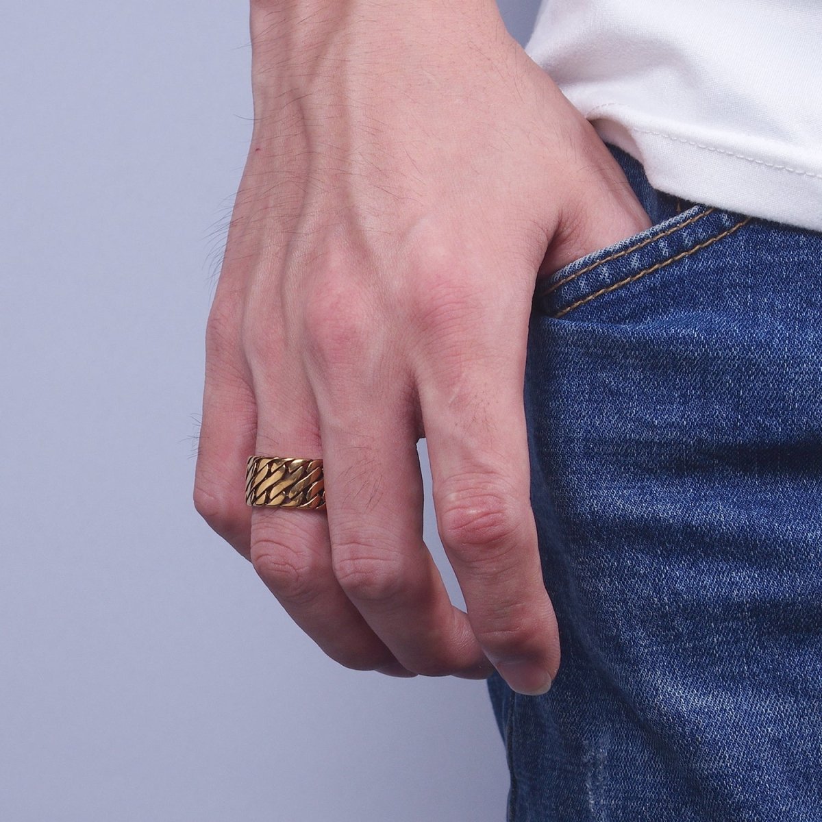 Stainless Steel Geometric S Curb Wide Band Ring in Silver & Gold | O-111~O-114, O-136~O-139