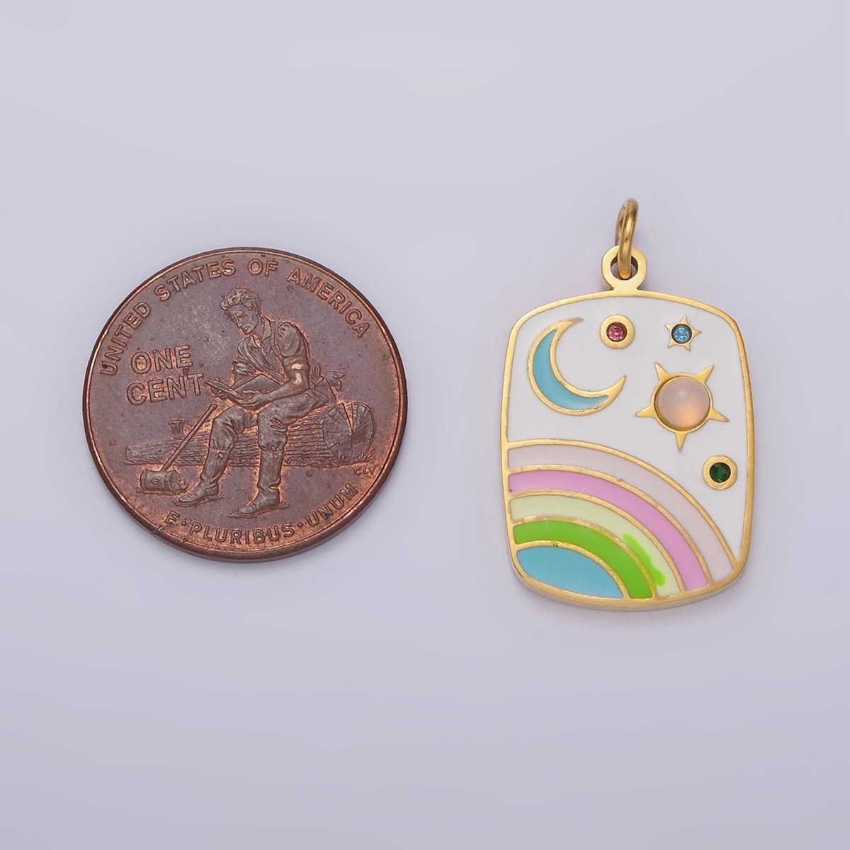 Stainless Steel Gold Enamel Rainbow Charm Crescent Moon Sun Star Pendant Charm for Necklace Bracelet Celestial Jewelry | P-649