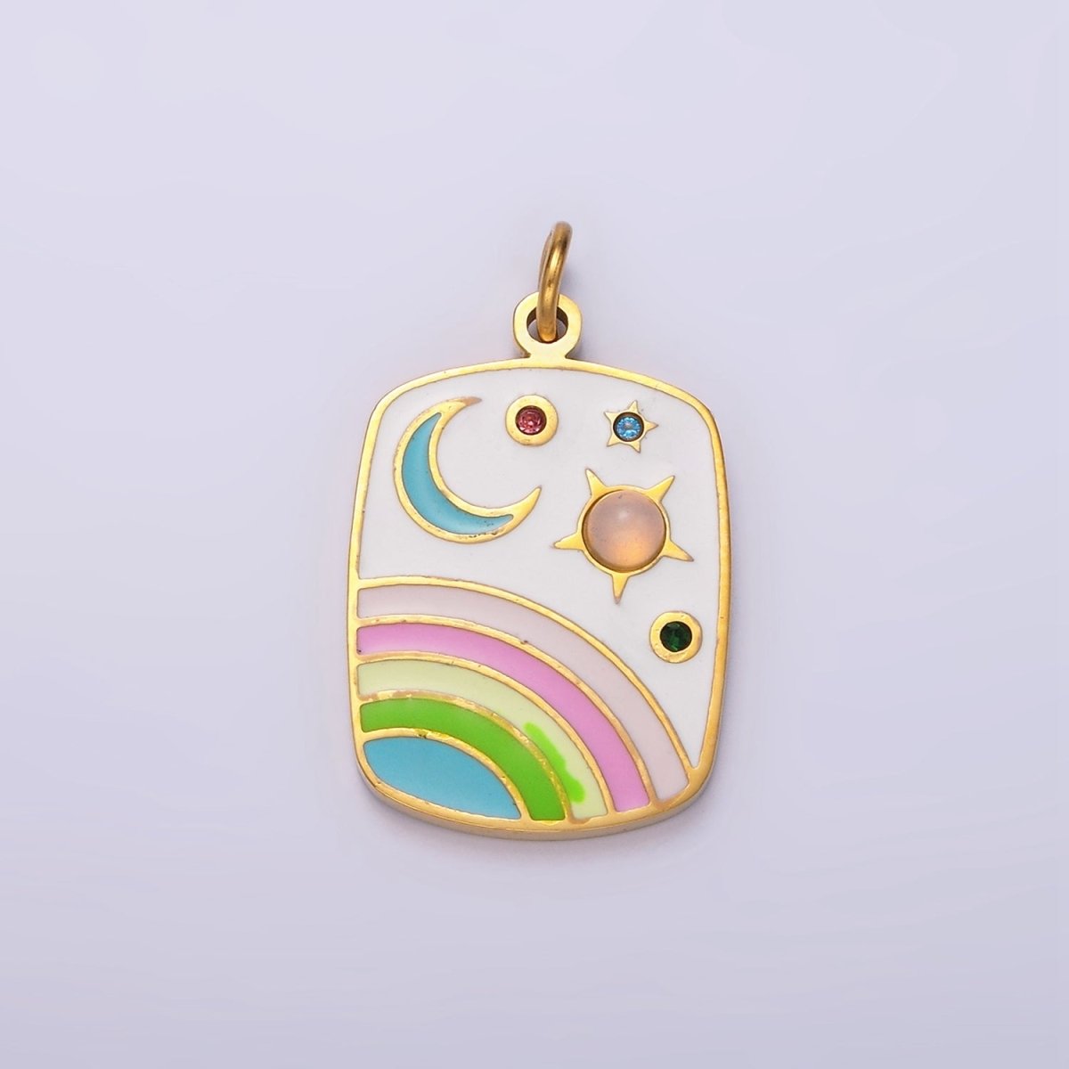 Stainless Steel Gold Enamel Rainbow Charm Crescent Moon Sun Star Pendant Charm for Necklace Bracelet Celestial Jewelry | P-649