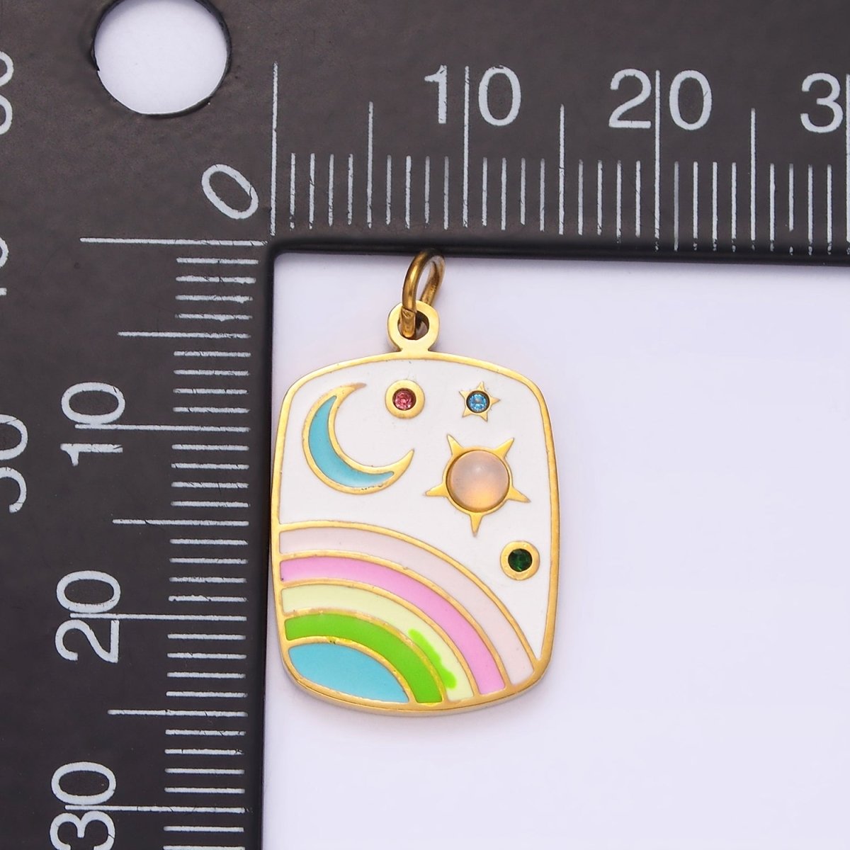 Stainless Steel Gold Enamel Rainbow Charm Crescent Moon Sun Star Pendant Charm for Necklace Bracelet Celestial Jewelry | P-649
