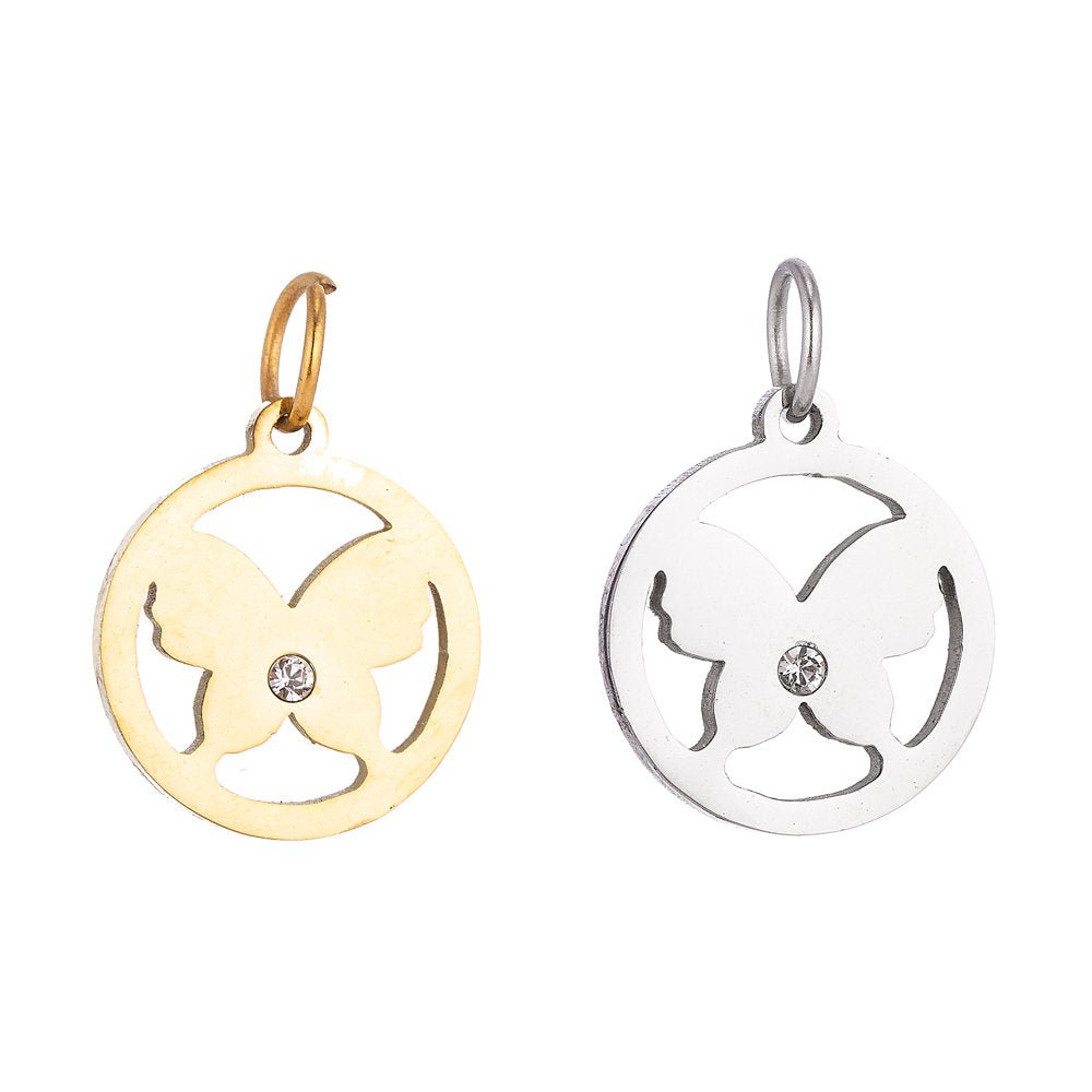 Stainless Steel Gold Simple Butterfly Medallion Cubic Zirconia Bracelet Charm Necklace Pendant Findings for Jewelry Making E-632