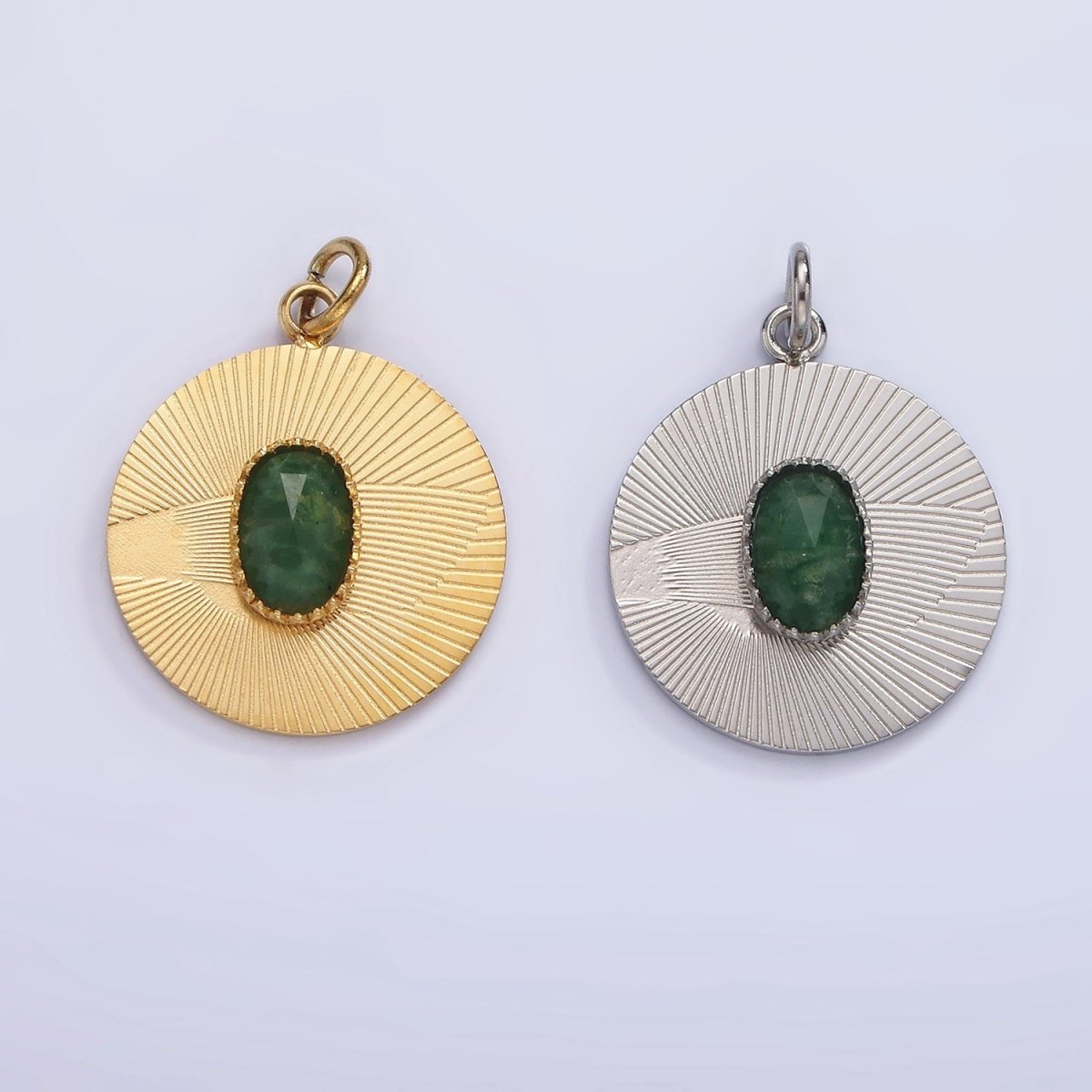 Stainless Steel Green Aventurine Multifaceted Cabochon Line-Textured Round Charm in Gold & Silver | P1329