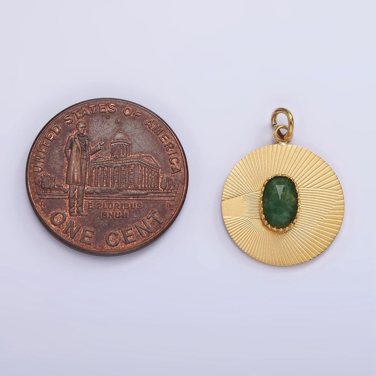 Stainless Steel Green Aventurine Multifaceted Cabochon Line-Textured Round Charm in Gold & Silver | P1329