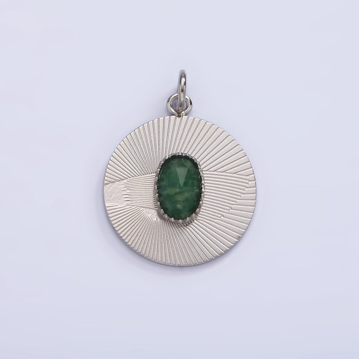 Stainless Steel Green Aventurine Multifaceted Cabochon Line-Textured Round Charm in Gold & Silver | P1329