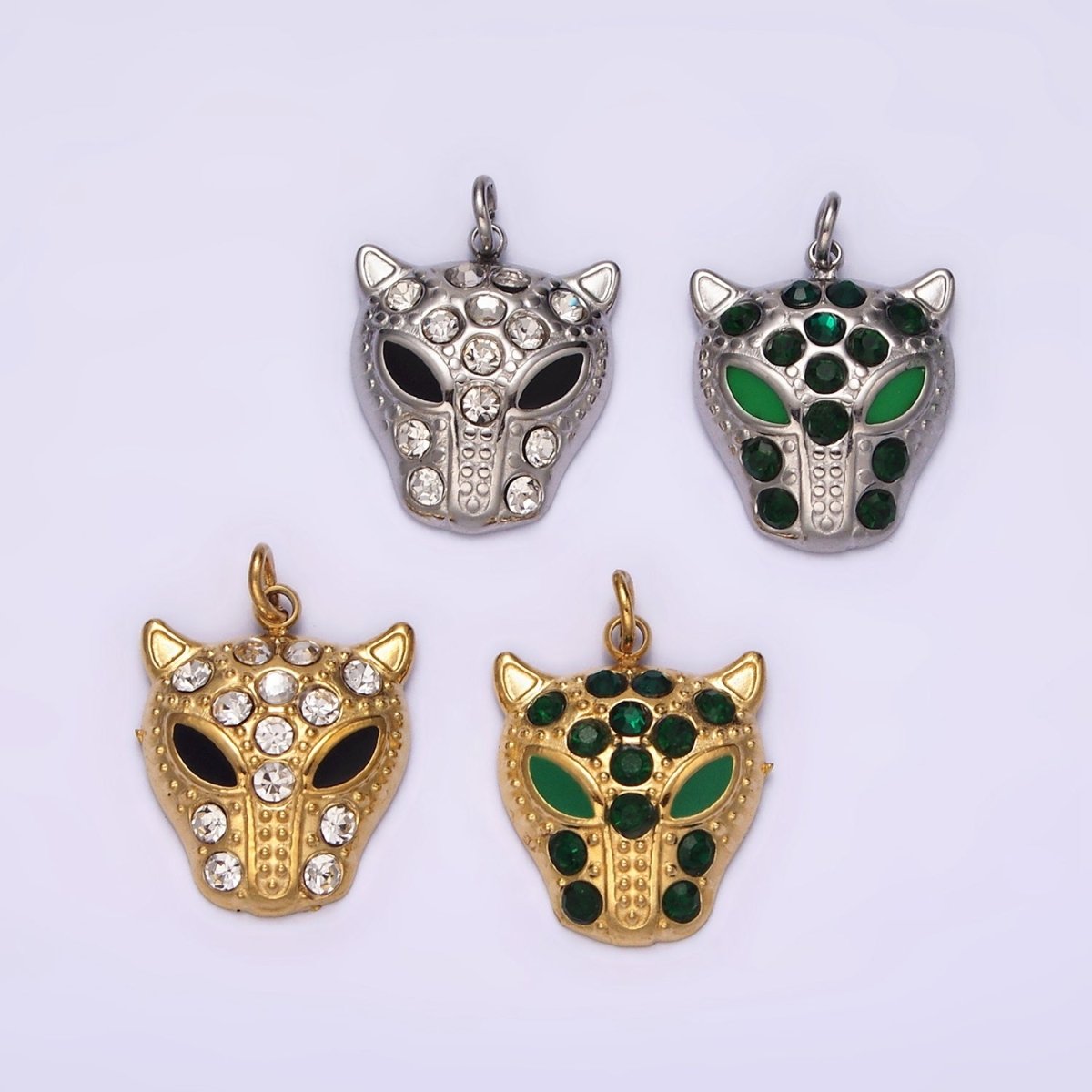 Stainless Steel Green, Black Eyed Panther Animal CZ Dotted Charm in Gold & Silver | P-678 ~P-681