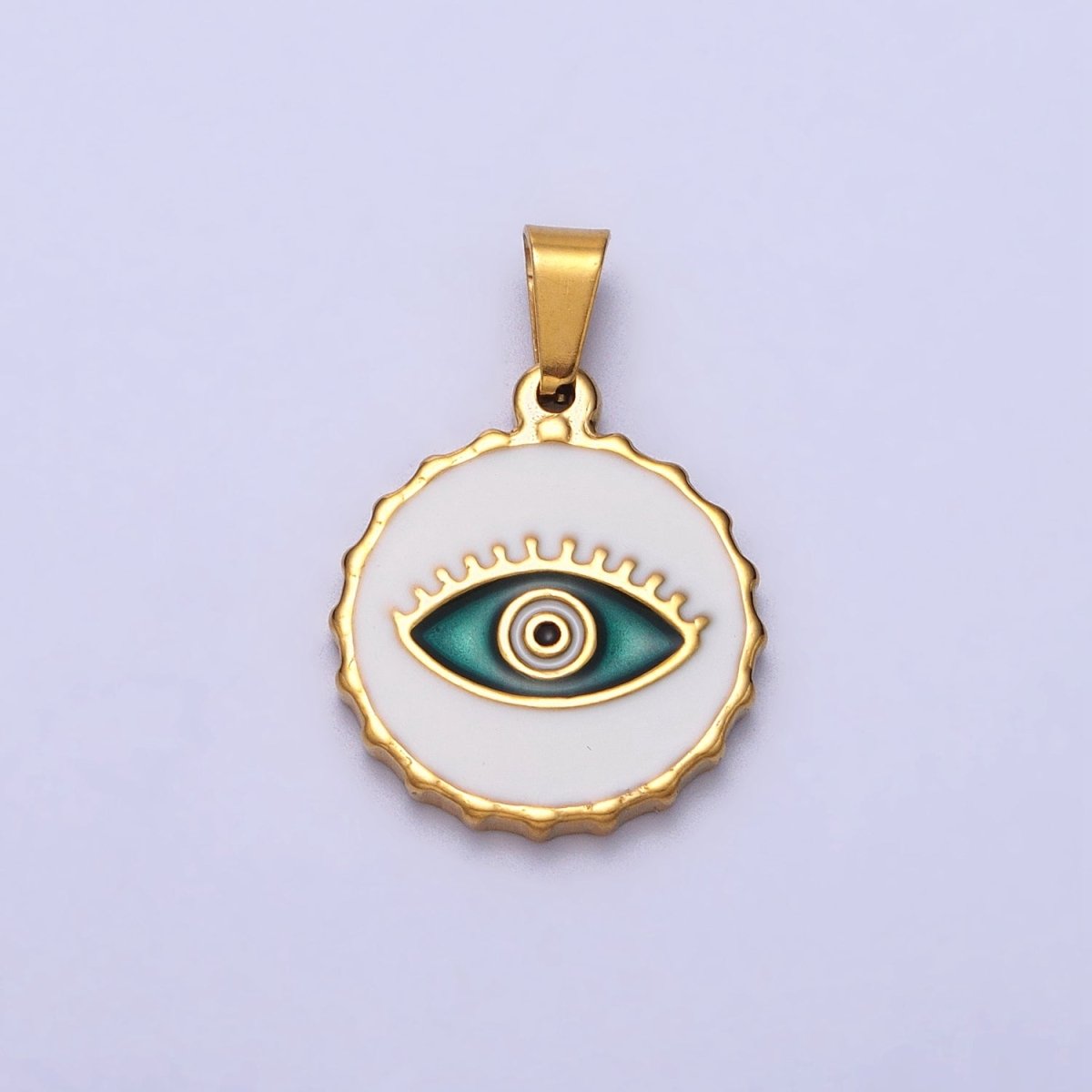 Stainless Steel Green, Blue Evil Eye White Enamel Round Textured Pendant in Gold & Silver J-683 J-686 J-689 J-698