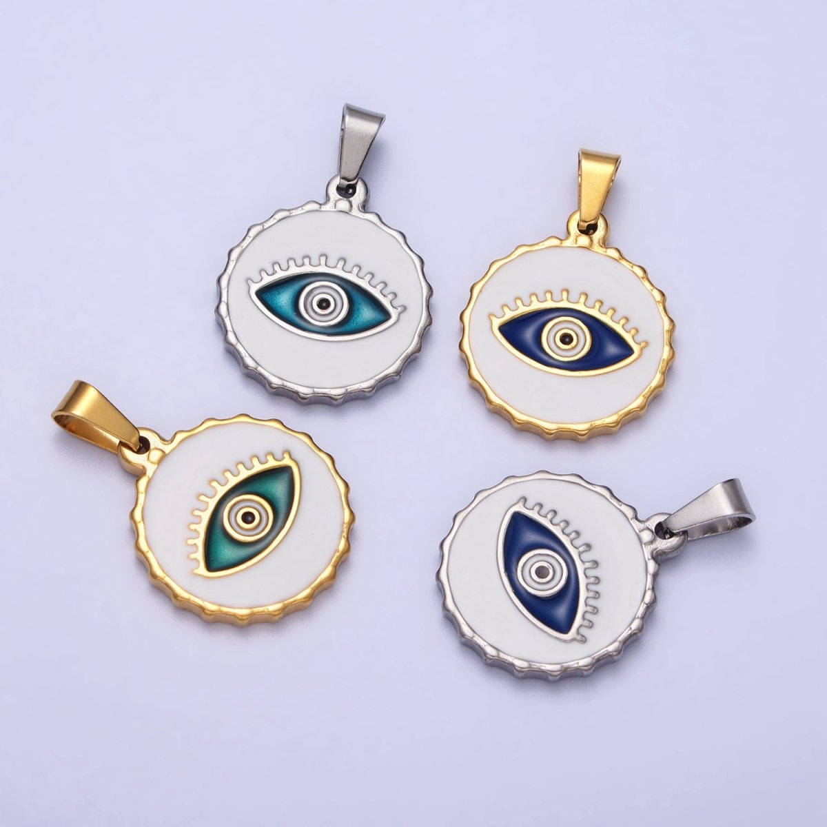 Stainless Steel Green, Blue Evil Eye White Enamel Round Textured Pendant in Gold & Silver J-683 J-686 J-689 J-698