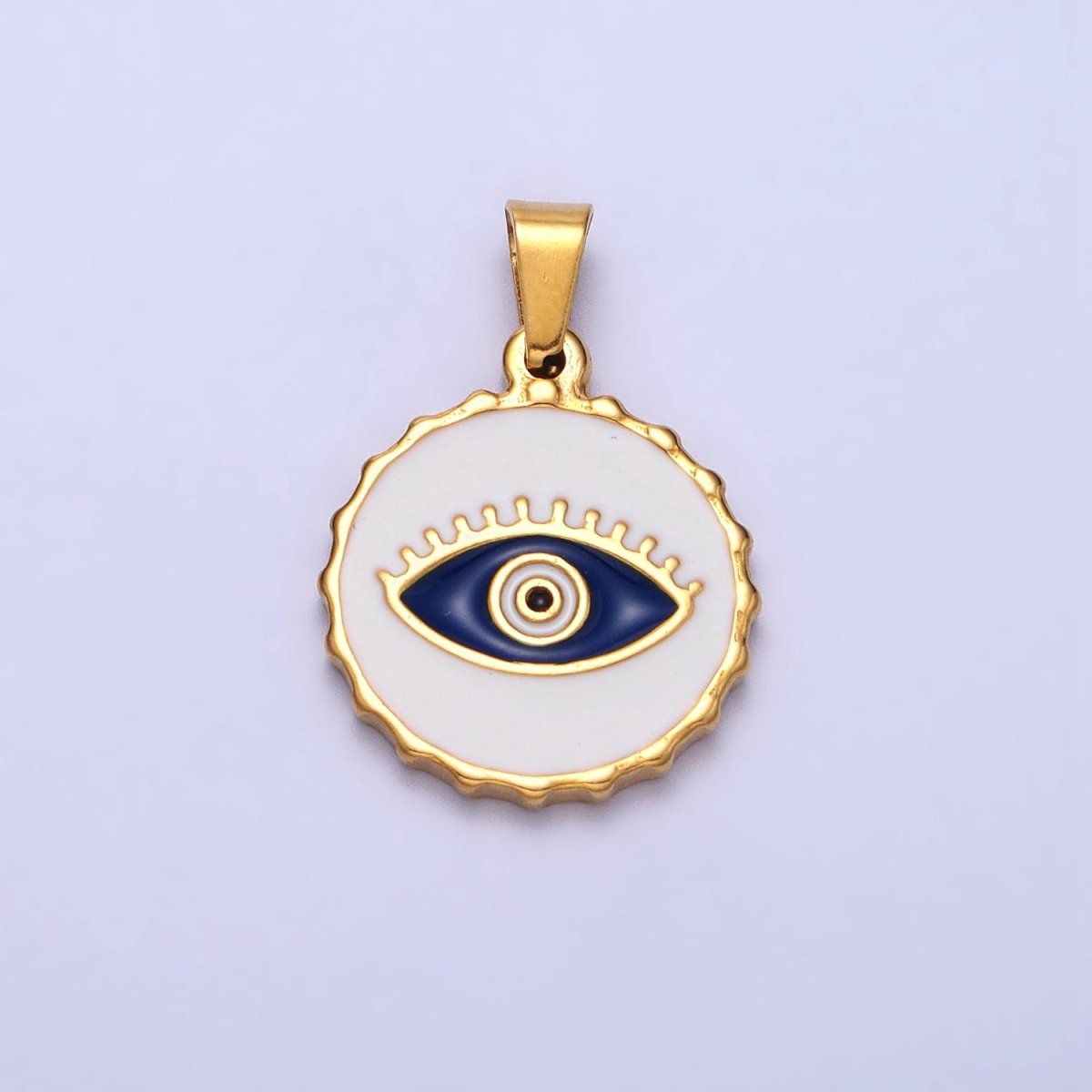 Stainless Steel Green, Blue Evil Eye White Enamel Round Textured Pendant in Gold & Silver J-683 J-686 J-689 J-698