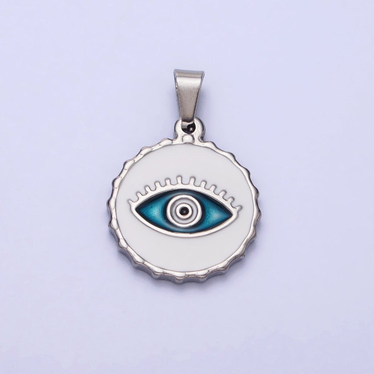 Stainless Steel Green, Blue Evil Eye White Enamel Round Textured Pendant in Gold & Silver J-683 J-686 J-689 J-698