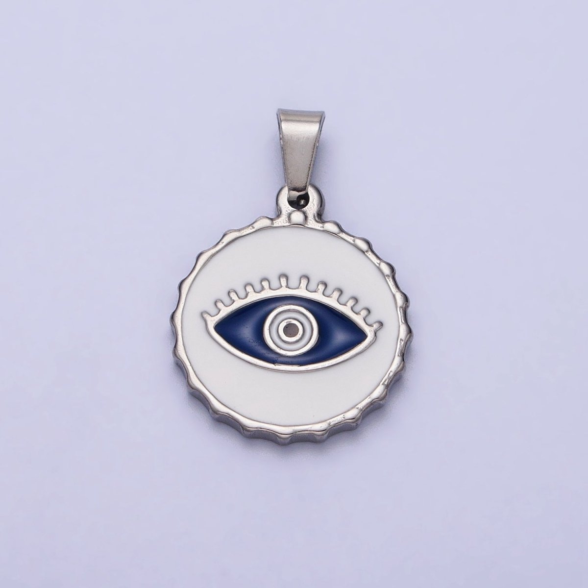 Stainless Steel Green, Blue Evil Eye White Enamel Round Textured Pendant in Gold & Silver J-683 J-686 J-689 J-698