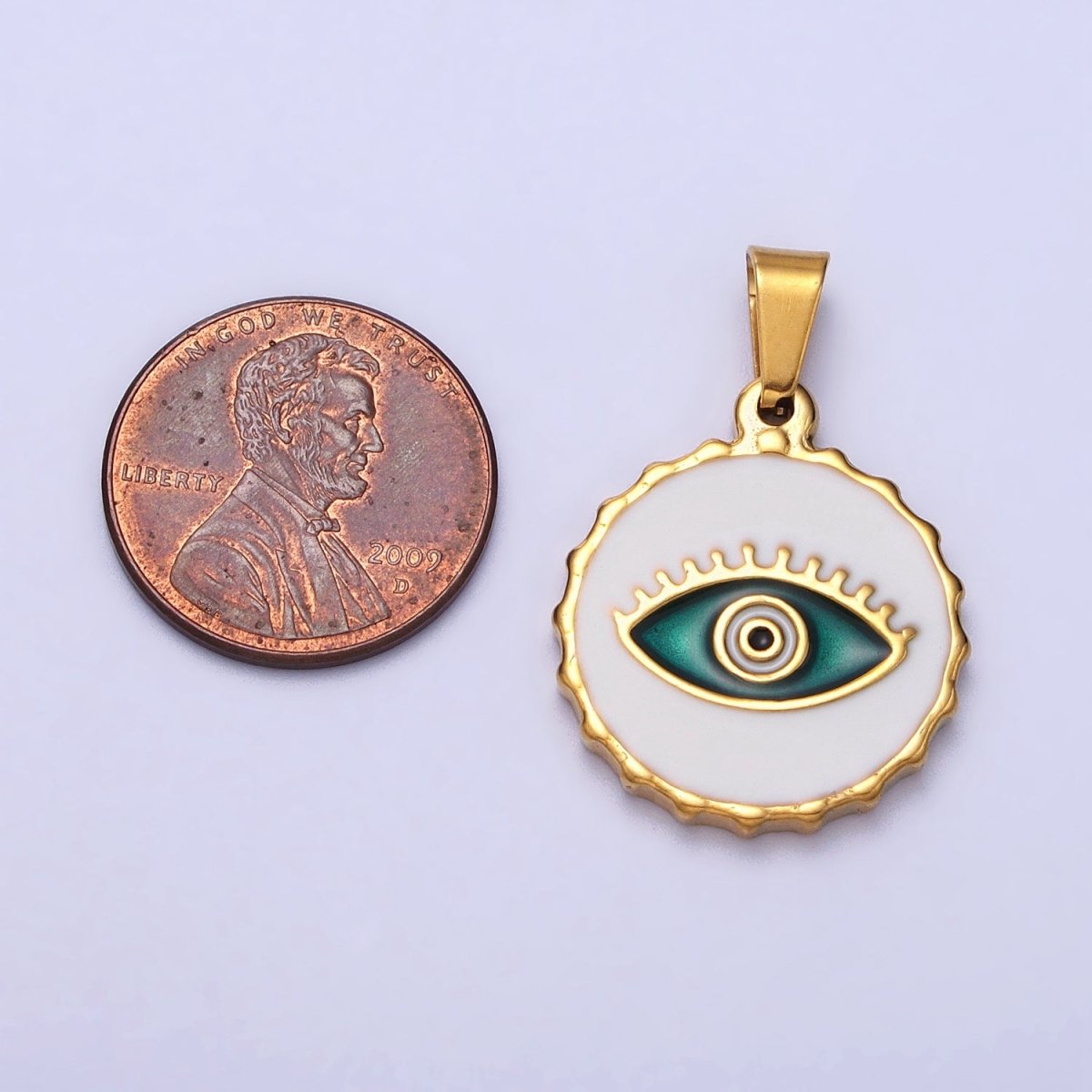 Stainless Steel Green, Blue Evil Eye White Enamel Round Textured Pendant in Gold & Silver J-683 J-686 J-689 J-698