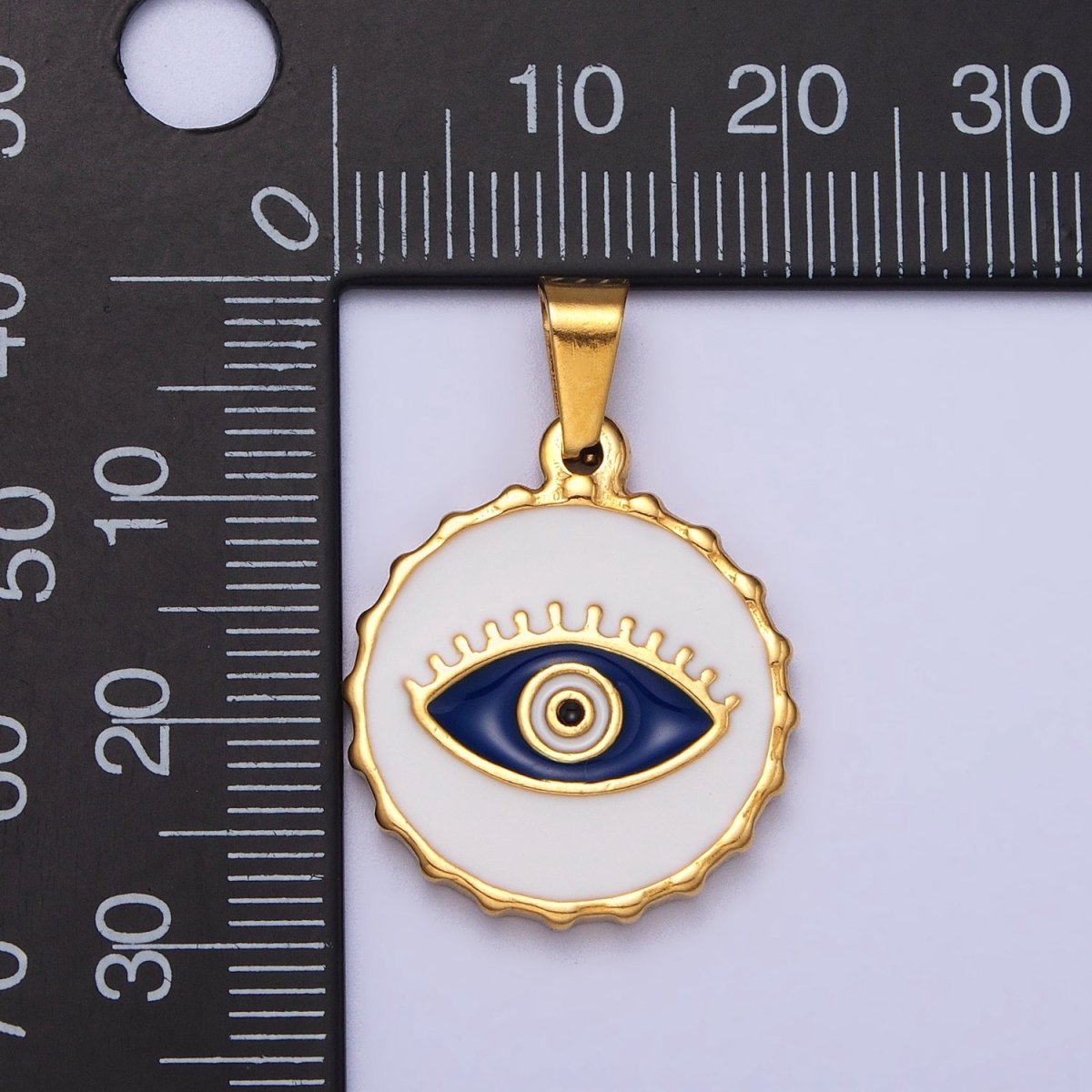 Stainless Steel Green, Blue Evil Eye White Enamel Round Textured Pendant in Gold & Silver J-683 J-686 J-689 J-698