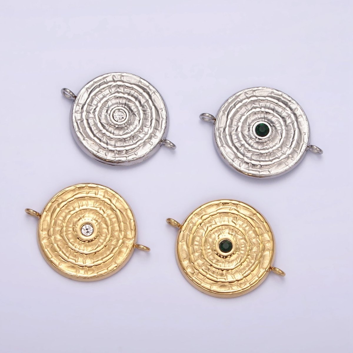 Stainless Steel Green, Clear CZ 15mm Textured Circular Round Connector in Gold & Silver | P-684~P-687