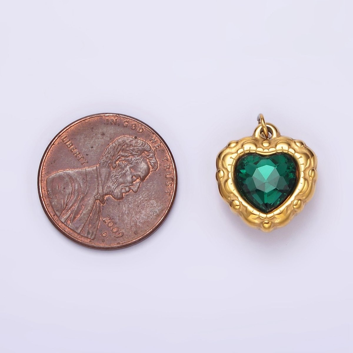 Stainless Steel Green CZ Heart Artisan Bezel Charm | P-654 - DLUXCA