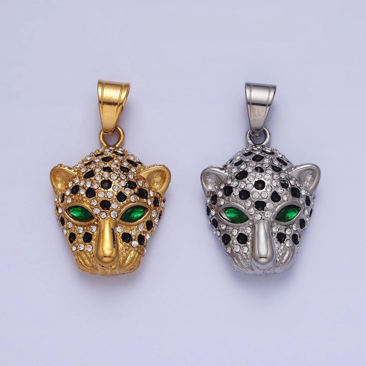 Stainless Steel Green-Eyed CZ Jaguar Animal Black White Micro Paved CZ Gold & Silver Pendant J-755 J-758
